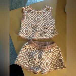 Crochet Top and Skirt Set in Pink and Cream